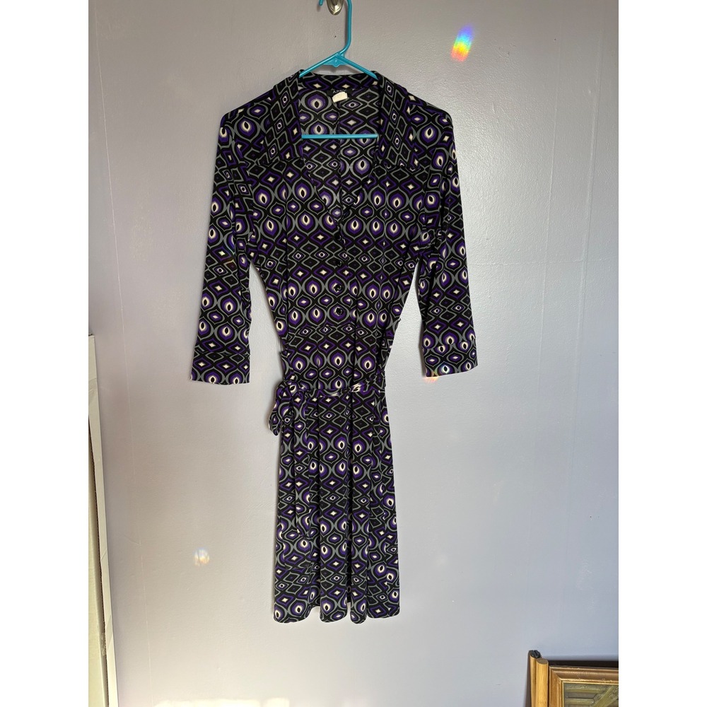 VTG Retro APNY Purple Geometric Peacock Print Button‎ Front Belted Wrap Dress M
